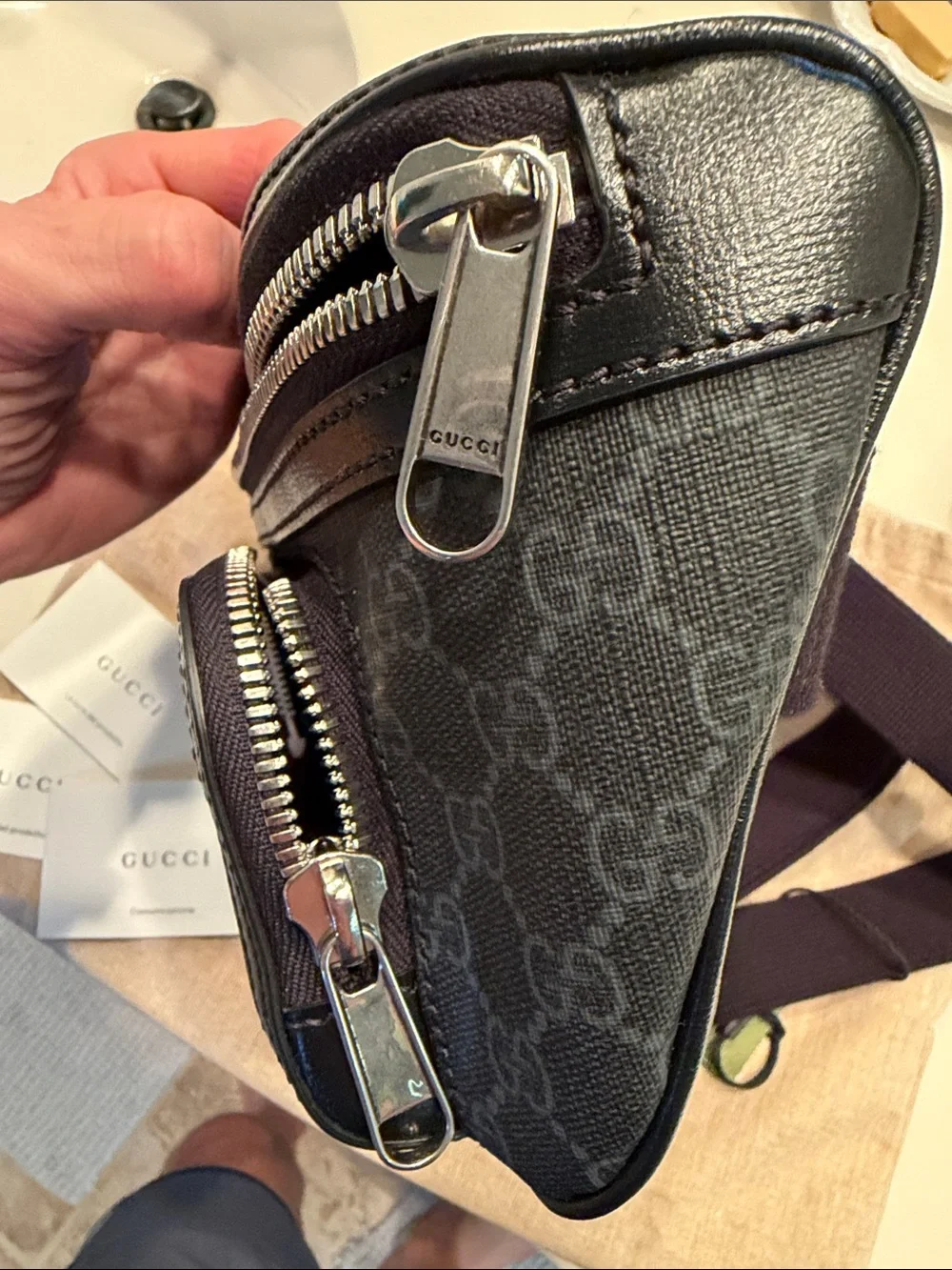 Gucci Black GG Supreme Canvas Belt Bag with Leather Trim